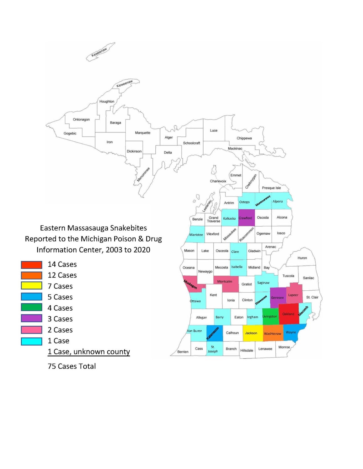 Counties where eastern massasauga rattlesnake bites were suspected or confirmed from 2003 through 2020.