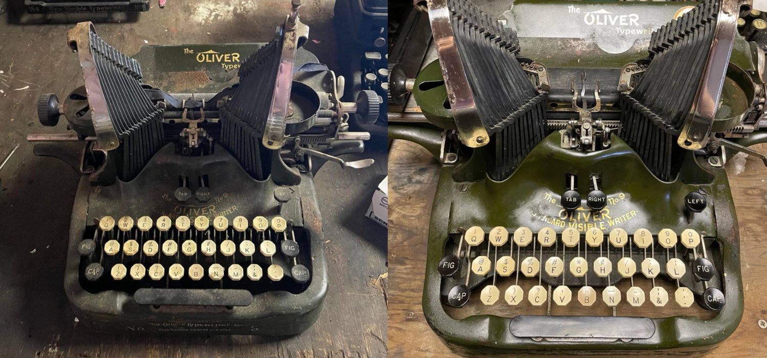 Before and after photos show the 1918 Oliver No. 9 cleaned and restored by Jackie Ballard, which will be at the Cleaver booth at the Harrison Street Fair this coming weekend.