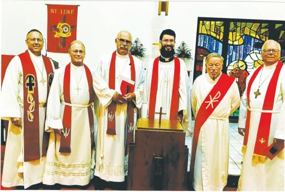Pictured are the clergy members who were on hand for the 50th anniversary celebration at St. Luke Lutheran Church. They are, from left, the Rev. Erik Cloeter, the Rev. William Winter, the Rev. Warren Graff, current pastor the Rev. Timothy Sheridan, Chaplain Kent Aughe, and the Rev. Keith Lemley.